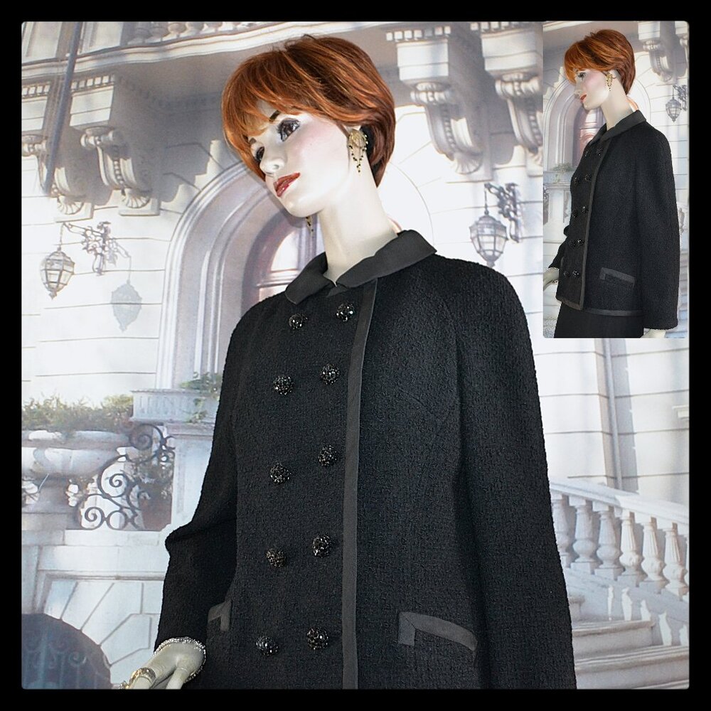 Levine & Smith New York Vintage Evening Jacket Sz 8 Black Boucle Rhinestone Btns